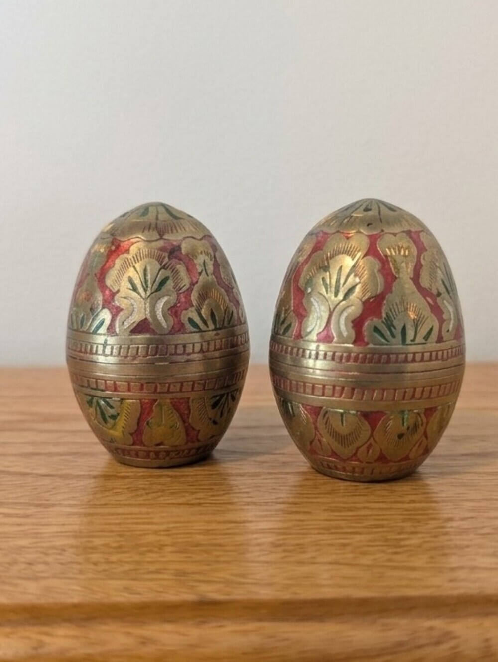 Vintage Brass Egg Salt and Pepper Shakers Red Enamel Cloisonne India